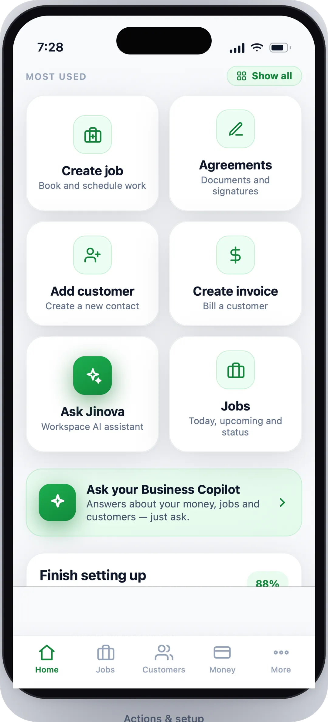 Jinova mobile quick actions — create jobs, invoices, agreements and Ask Jinova