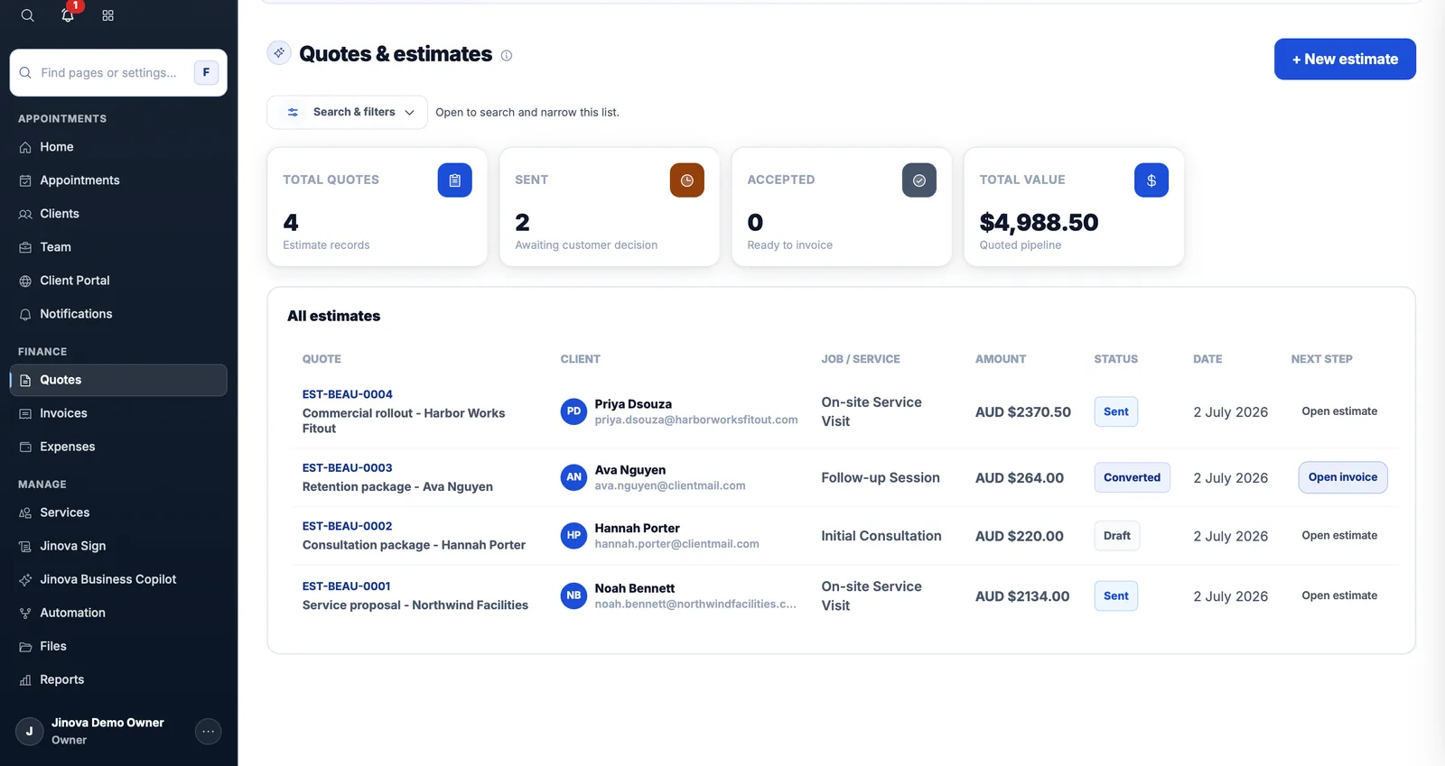 Jinova quote and estimate workspace screen